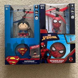 Superman and Spider-Man toy helicopters